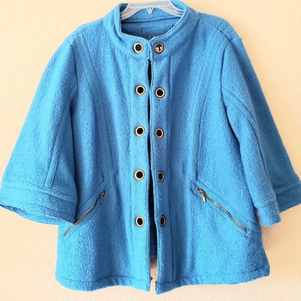 Vintage Turquoise Wool Coat Cropped Cape with Metal Grommets Size 1X